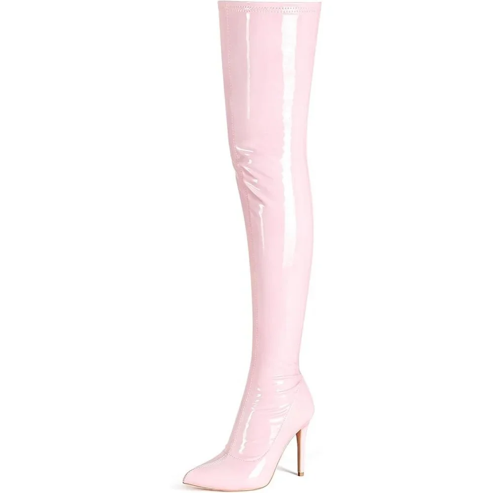 Women Pink Patent pu Side Zipper Stiletto High Heel Over The Knee Comfy Boots